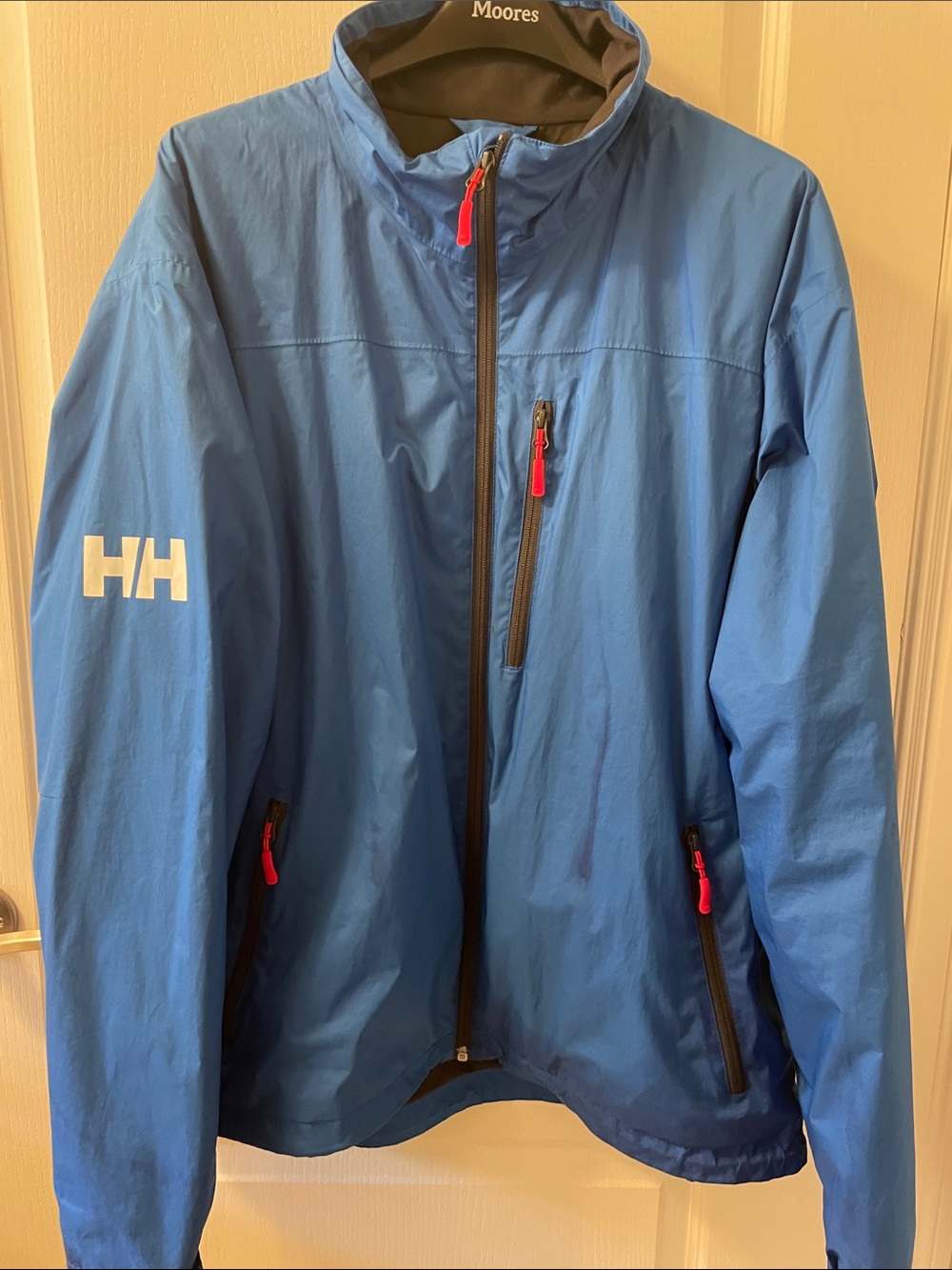 Helly Hansen Blue Waterproof Rain Jacket with Red Zip Accents